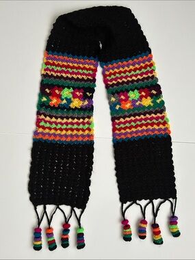 Handmade Black Multicolor Crochet wool Scarf